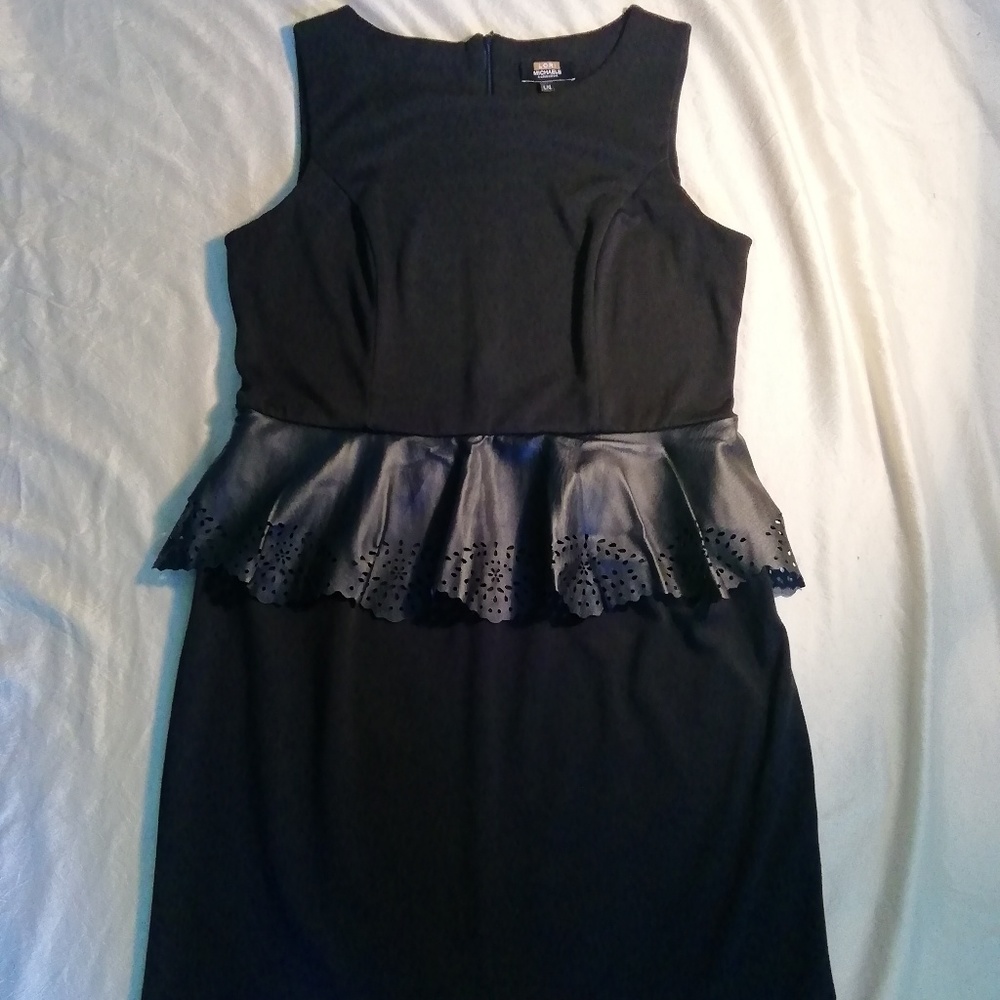 Lori Michaels LBD with faux leather peplum size L